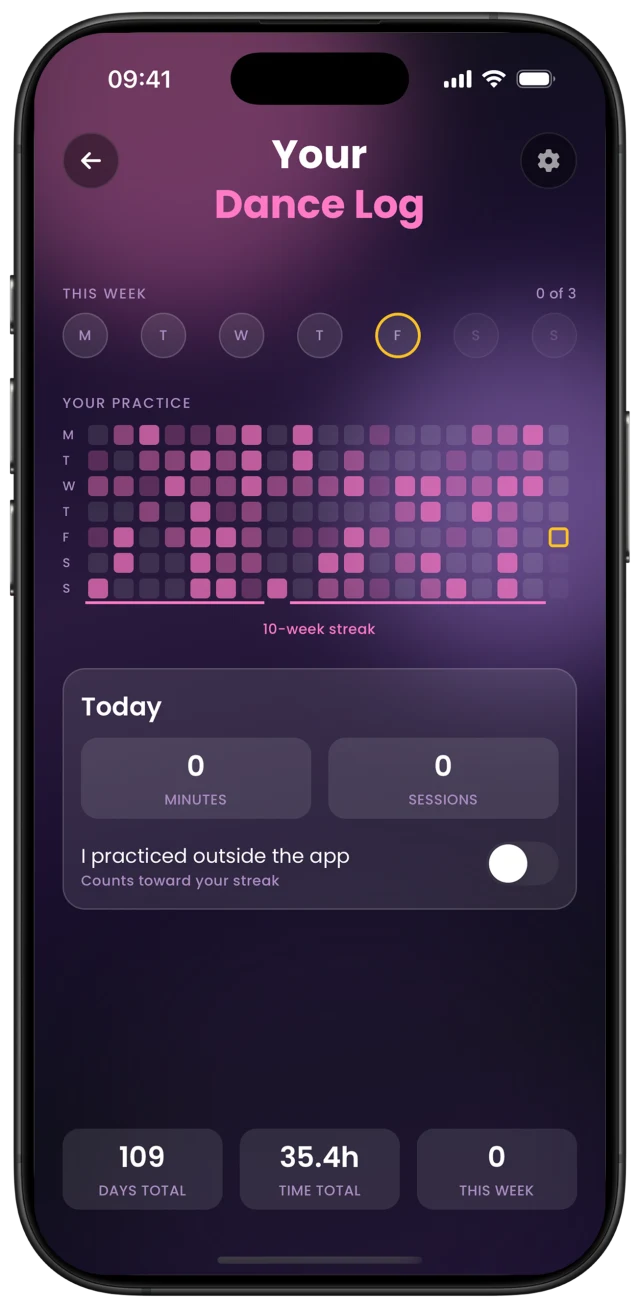 Your Dance Log with the week strip, practice heatmap and week streak